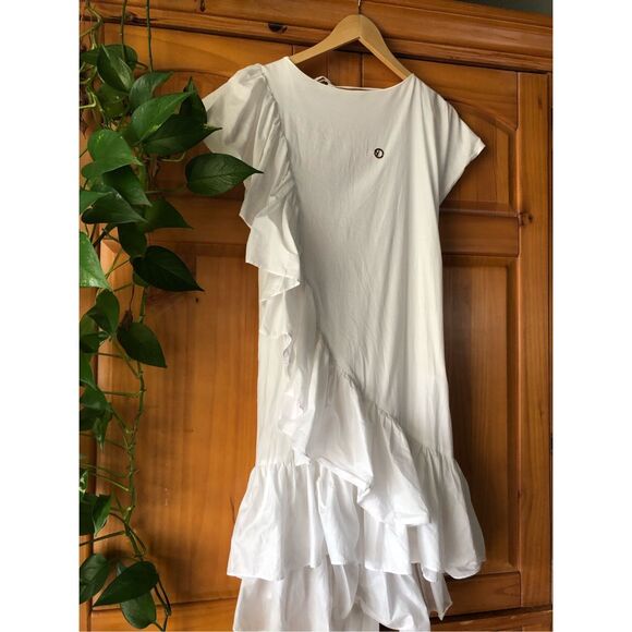 Valtadoros White Ruffle Asymmetric Dress w/ Waist Tie – Size S - Picture 7 of 16